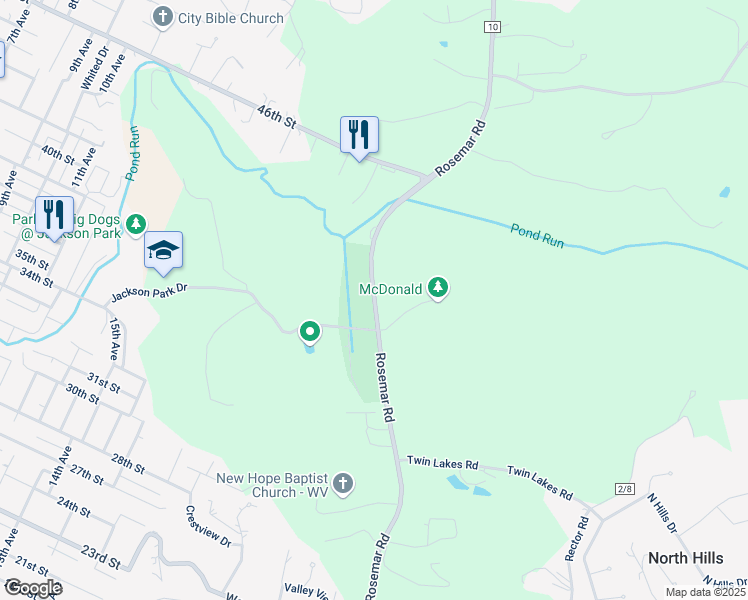 map of restaurants, bars, coffee shops, grocery stores, and more near 1777 Rosemar Rd in Parkersburg