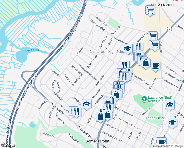 map of restaurants, bars, coffee shops, grocery stores, and more near 1021 Massachusetts Avenue in Somers Point