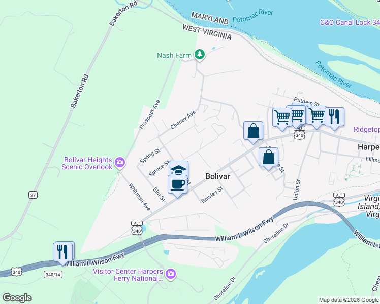 map of restaurants, bars, coffee shops, grocery stores, and more near 87 Day Street in Harpers Ferry