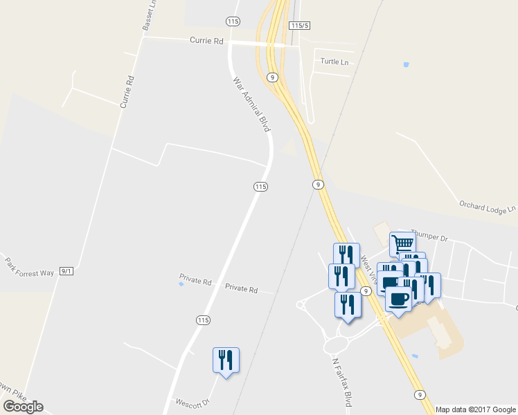 map of restaurants, bars, coffee shops, grocery stores, and more near 2256 North Mildred Street in Ranson