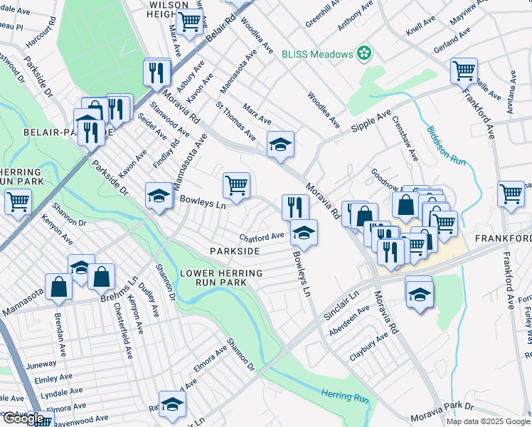 map of restaurants, bars, coffee shops, grocery stores, and more near 4339 Roberton Avenue in Baltimore