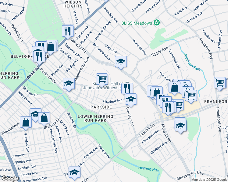 map of restaurants, bars, coffee shops, grocery stores, and more near 4339 Roberton Avenue in Baltimore