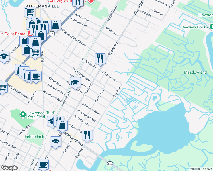 map of restaurants, bars, coffee shops, grocery stores, and more near 122 Campbell Avenue in Somers Point