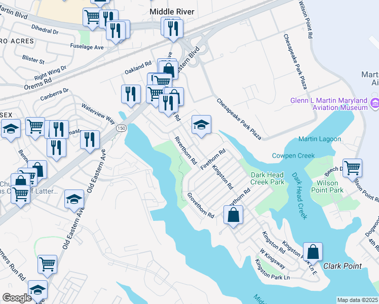 map of restaurants, bars, coffee shops, grocery stores, and more near 215 Riverthorn Road in Middle River