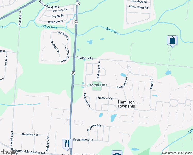 map of restaurants, bars, coffee shops, grocery stores, and more near 7513 Hurlinsham Lane in Maineville