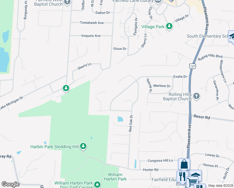 map of restaurants, bars, coffee shops, grocery stores, and more near 1352 Evalie Drive in Fairfield