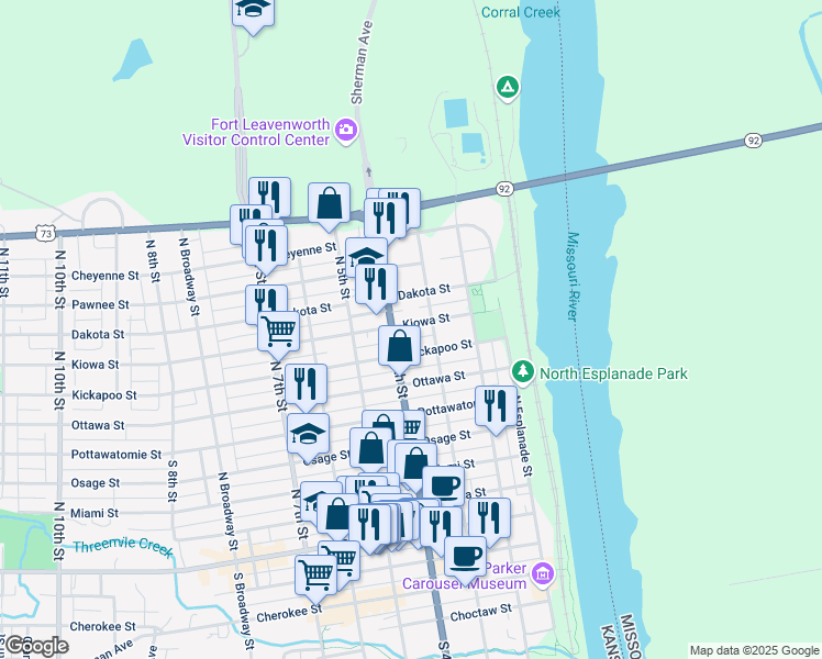 map of restaurants, bars, coffee shops, grocery stores, and more near 319 Kiowa Street in Leavenworth