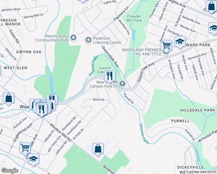map of restaurants, bars, coffee shops, grocery stores, and more near 6001 Gwynn Oak Avenue in Woodlawn