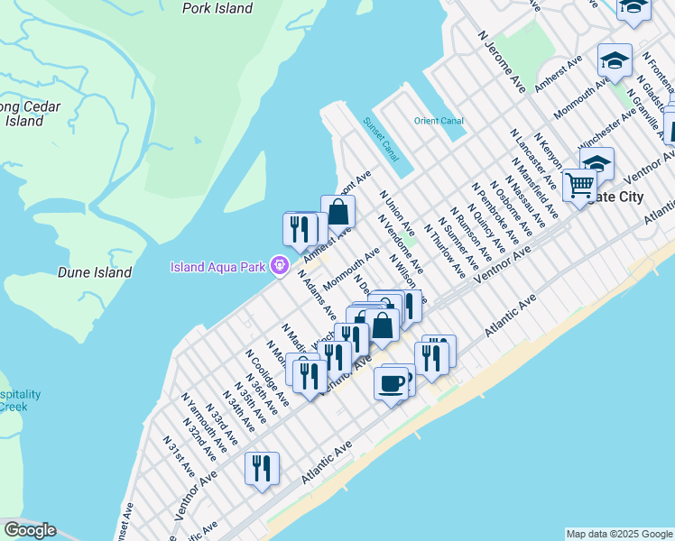 map of restaurants, bars, coffee shops, grocery stores, and more near 9211 Monmouth Avenue in Margate City