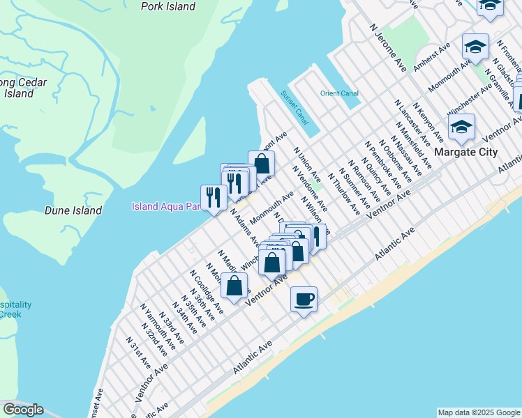 map of restaurants, bars, coffee shops, grocery stores, and more near 9211 Monmouth Avenue in Margate City