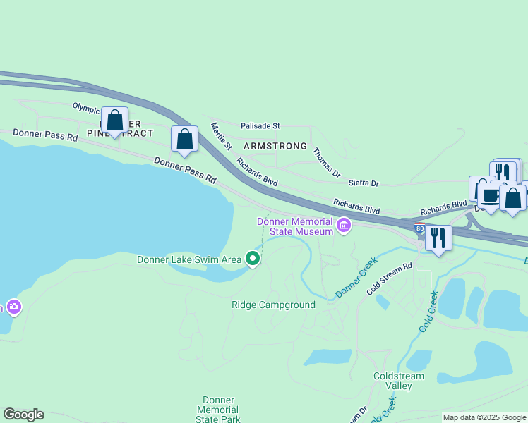 map of restaurants, bars, coffee shops, grocery stores, and more near 12849 Donner Pass Road in Truckee