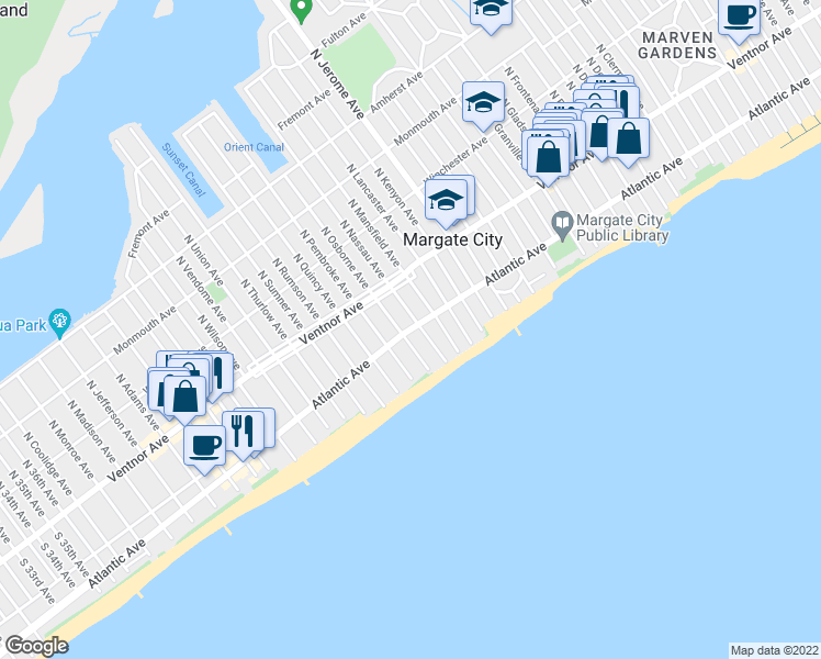 map of restaurants, bars, coffee shops, grocery stores, and more near 8607 Atlantic Avenue in Margate City