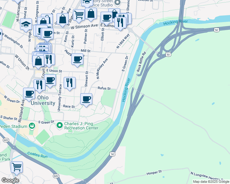 map of restaurants, bars, coffee shops, grocery stores, and more near 21 South Green Drive in Athens