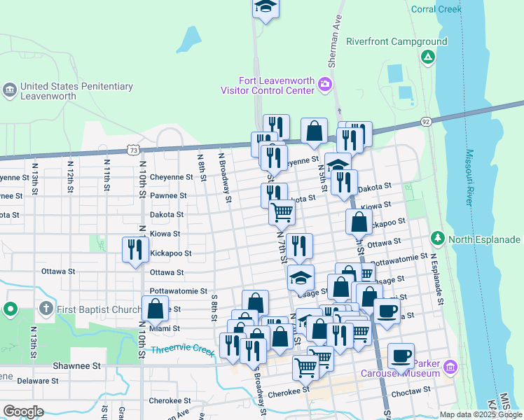 map of restaurants, bars, coffee shops, grocery stores, and more near 717 Dakota Street in Leavenworth