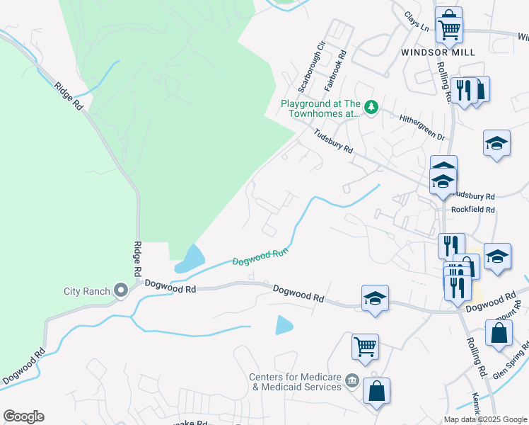 map of restaurants, bars, coffee shops, grocery stores, and more near 7414 Brixworth Court in Milford Mill