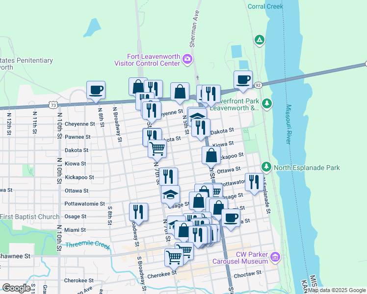 map of restaurants, bars, coffee shops, grocery stores, and more near 815 North 5th Street in Leavenworth