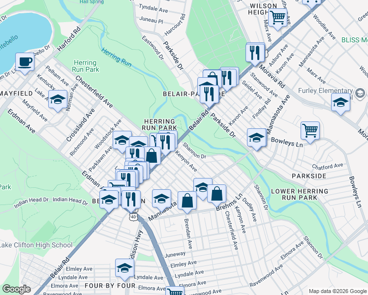 map of restaurants, bars, coffee shops, grocery stores, and more near 3007 Shannon Drive in Baltimore