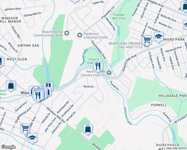 map of restaurants, bars, coffee shops, grocery stores, and more near 2412 Poplar Drive in Woodlawn