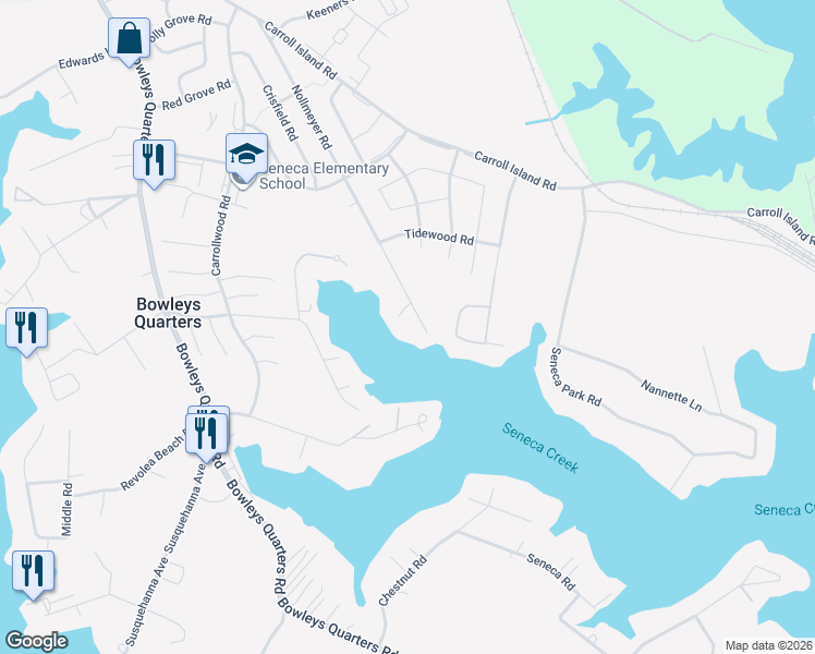 map of restaurants, bars, coffee shops, grocery stores, and more near 726 Nollmeyer Road in Middle River