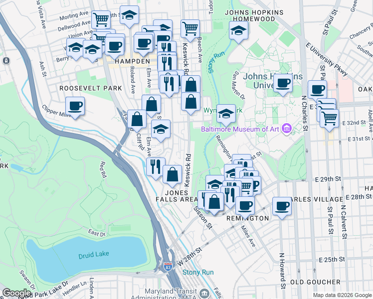 map of restaurants, bars, coffee shops, grocery stores, and more near 3128 Keswick Road in Baltimore