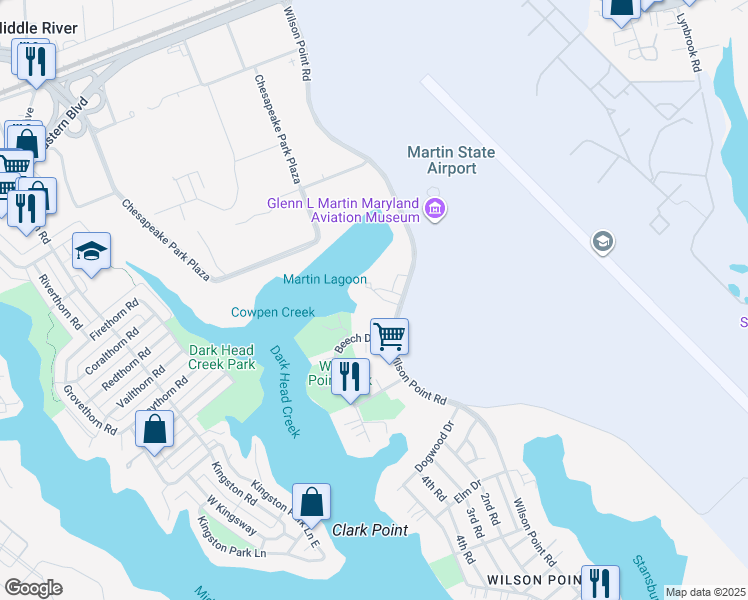 map of restaurants, bars, coffee shops, grocery stores, and more near 3 Alder Drive in Middle River
