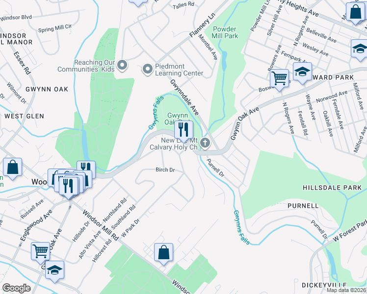map of restaurants, bars, coffee shops, grocery stores, and more near in Pikesville