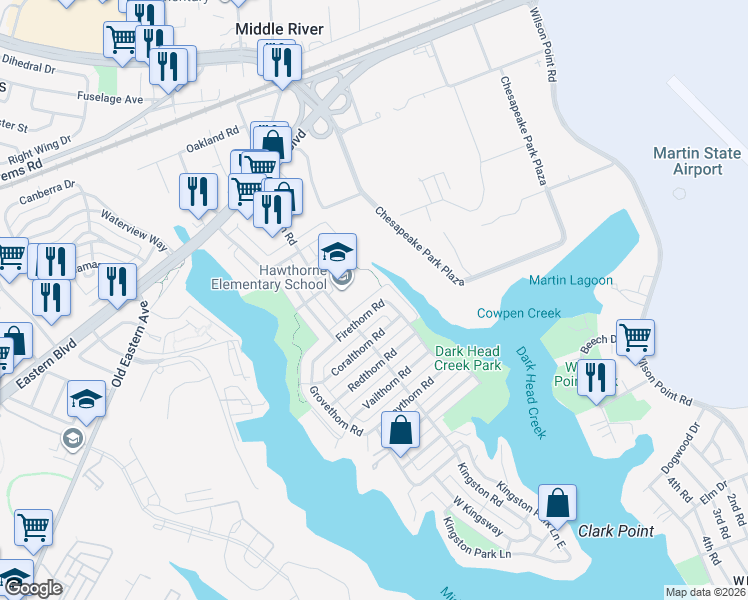 map of restaurants, bars, coffee shops, grocery stores, and more near 2237 Firethorn Road in Middle River