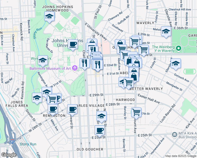 map of restaurants, bars, coffee shops, grocery stores, and more near 3027 Saint Paul Street in Baltimore