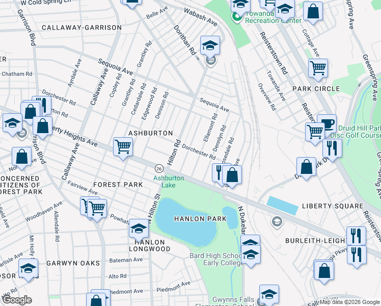 map of restaurants, bars, coffee shops, grocery stores, and more near 3411 Lynchester Road in Baltimore