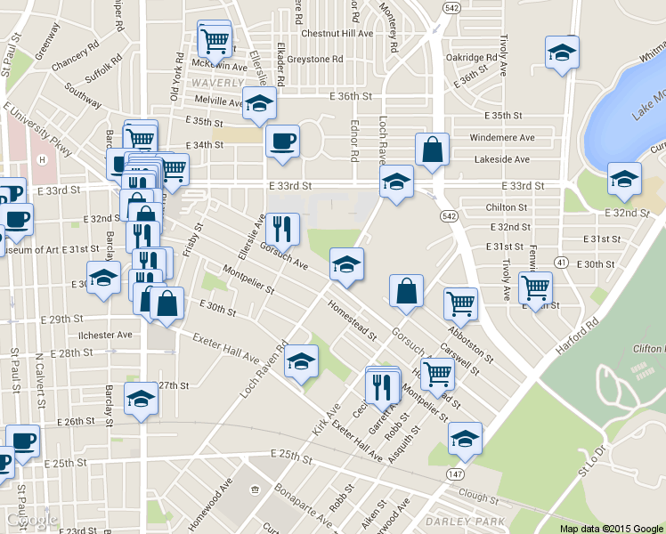 map of restaurants, bars, coffee shops, grocery stores, and more near 3212 Loch Raven Boulevard in Baltimore