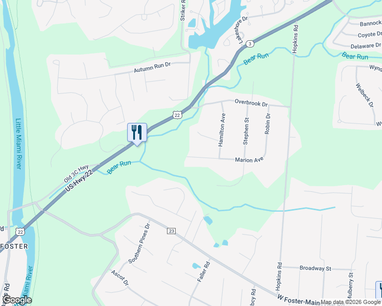 map of restaurants, bars, coffee shops, grocery stores, and more near 1050 Marion Avenue in Maineville