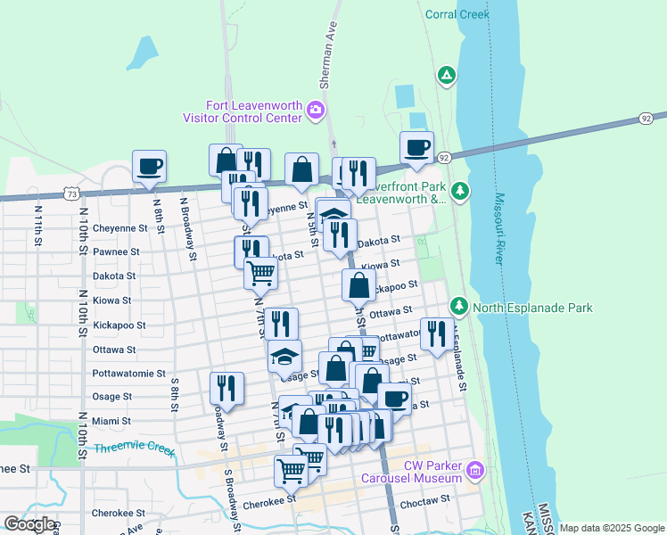 map of restaurants, bars, coffee shops, grocery stores, and more near 412 Kiowa Street in Leavenworth
