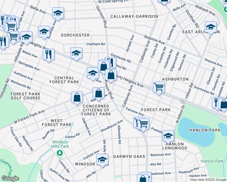 map of restaurants, bars, coffee shops, grocery stores, and more near 3716 Springdale Avenue in Baltimore