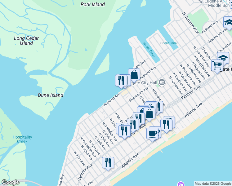 map of restaurants, bars, coffee shops, grocery stores, and more near 9401 Amherst Avenue in Margate City