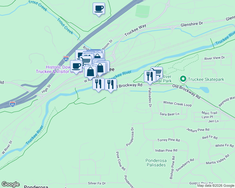 map of restaurants, bars, coffee shops, grocery stores, and more near 10245 Brockway Road in Truckee