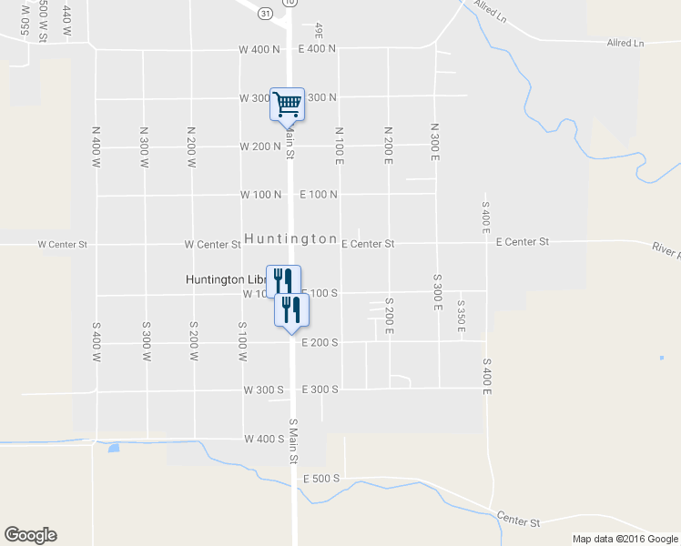 map of restaurants, bars, coffee shops, grocery stores, and more near 60 South 100 East in Huntington