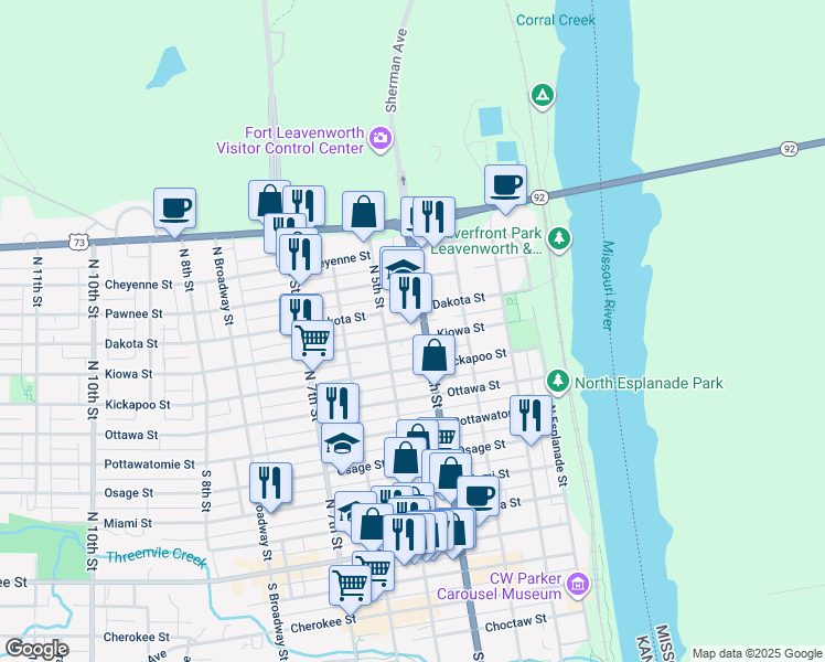 map of restaurants, bars, coffee shops, grocery stores, and more near 412 Kiowa Street in Leavenworth