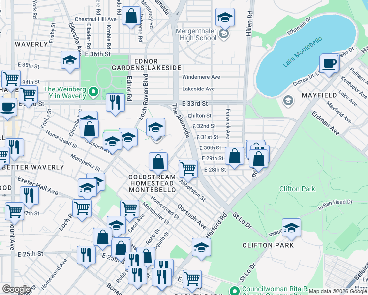 map of restaurants, bars, coffee shops, grocery stores, and more near 2931 Kirk Avenue in Baltimore