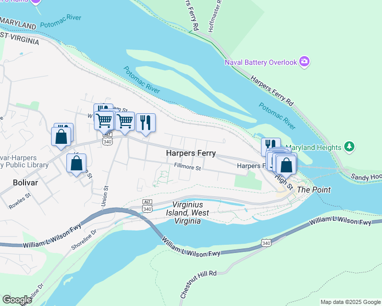 map of restaurants, bars, coffee shops, grocery stores, and more near in Harpers Ferry