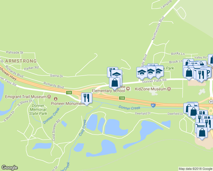 map of restaurants, bars, coffee shops, grocery stores, and more near Donner Pass Rd & Richards Blvd in Truckee