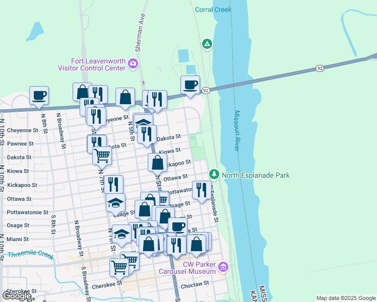 map of restaurants, bars, coffee shops, grocery stores, and more near 717 North 2nd Street in Leavenworth