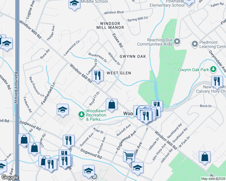 map of restaurants, bars, coffee shops, grocery stores, and more near 5 Crestford Court in Baltimore