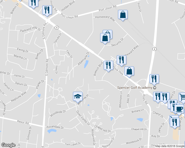 map of restaurants, bars, coffee shops, grocery stores, and more near 3189 Roesch Boulevard in Fairfield