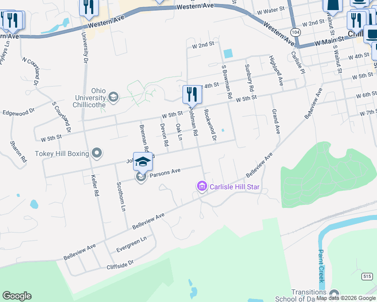 map of restaurants, bars, coffee shops, grocery stores, and more near 512 Johnson Road in Chillicothe