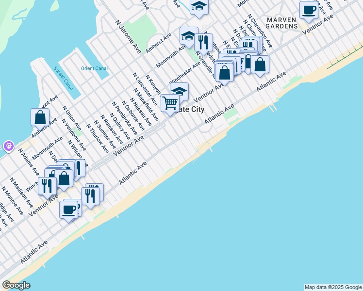 map of restaurants, bars, coffee shops, grocery stores, and more near 104 S Lancaster Ave in Margate City