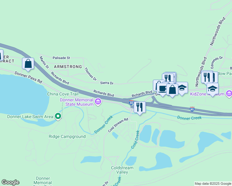map of restaurants, bars, coffee shops, grocery stores, and more near 12442 Richards Boulevard in Truckee