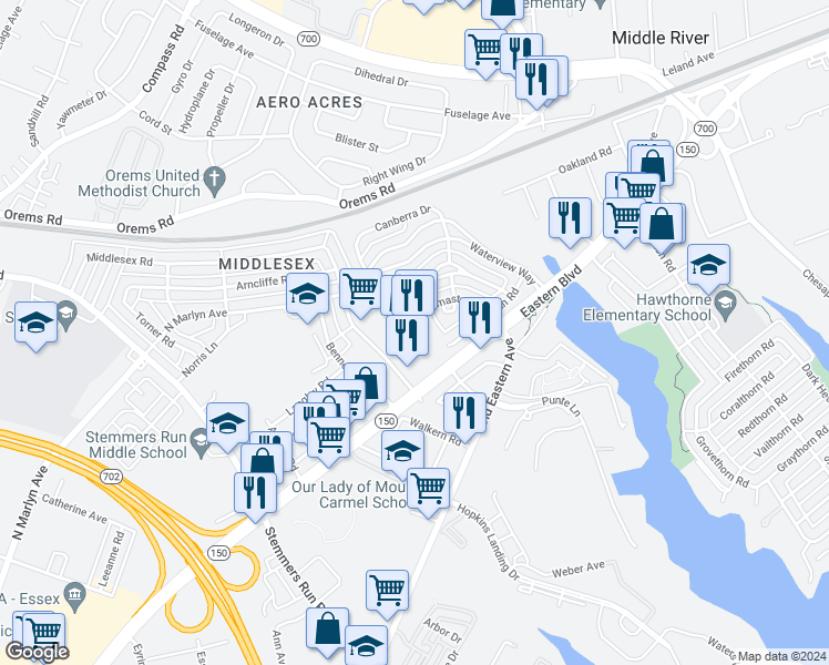 map of restaurants, bars, coffee shops, grocery stores, and more near 149 Orville Road in Essex