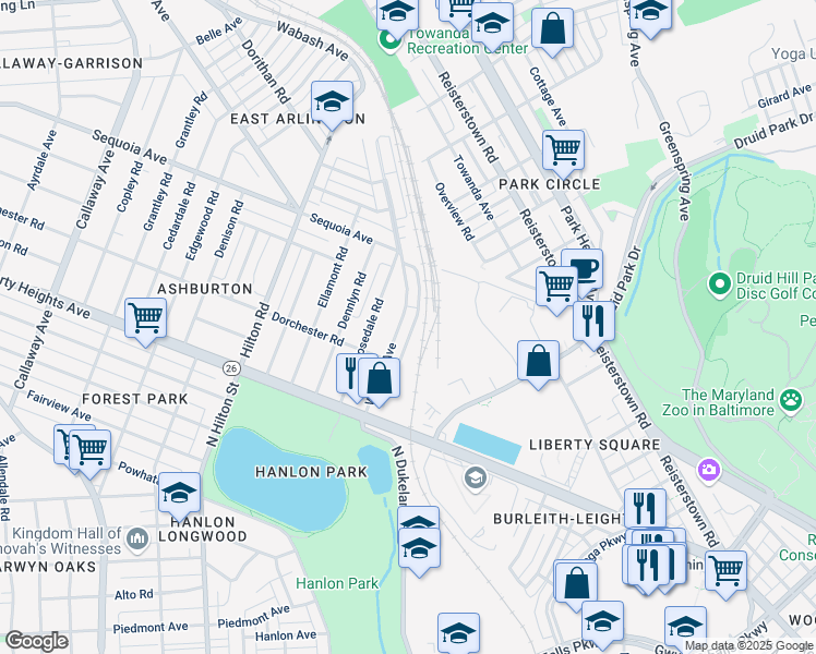map of restaurants, bars, coffee shops, grocery stores, and more near 3605 Wabash Avenue in Baltimore