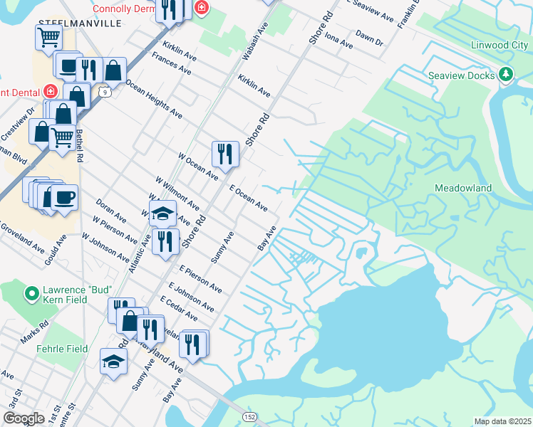 map of restaurants, bars, coffee shops, grocery stores, and more near 130 East Ocean Avenue in Somers Point