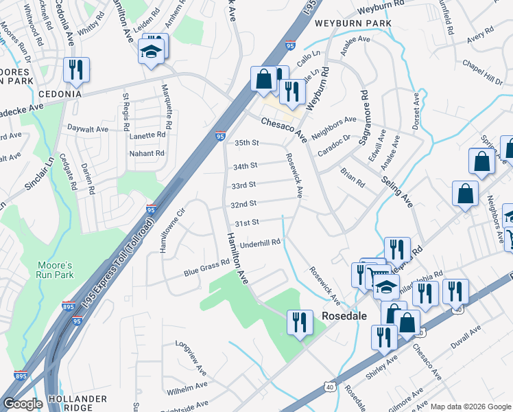 map of restaurants, bars, coffee shops, grocery stores, and more near 7921 32nd Street in Rosedale